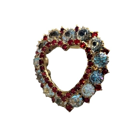 Vintage Heart Brooch White & Red Rhinestones Collectible Gold-Tone Pin 1.25" - Picture 3 of 7